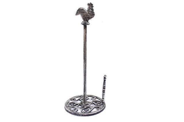 Rustic Silver Cast Iron Rooster Paper Towel Holder 15