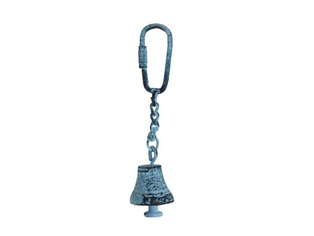 Rustic Dark Blue Whitewashed Cast Iron Bell Key Chain 4