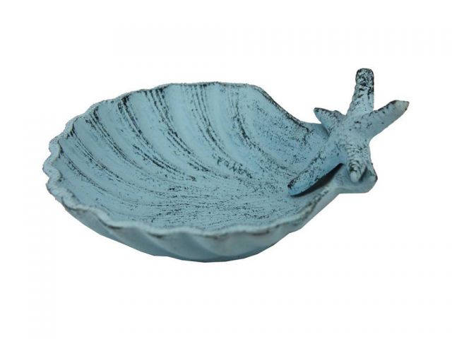 Dark Blue Whitewashed Cast Iron Shell With Starfish Decorative Bowl 6