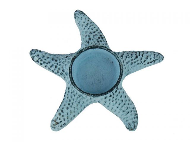 Dark Blue Whitewashed Cast Iron Starfish Decorative Tealight Holder 4.5