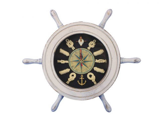 Wooden Whitewashed Ship Wheel with Dark Blue Knot Face Clock 12