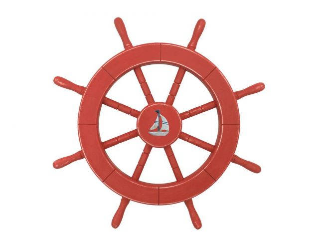 Rustic Red Decorative Ship Wheel With Sailboat 18