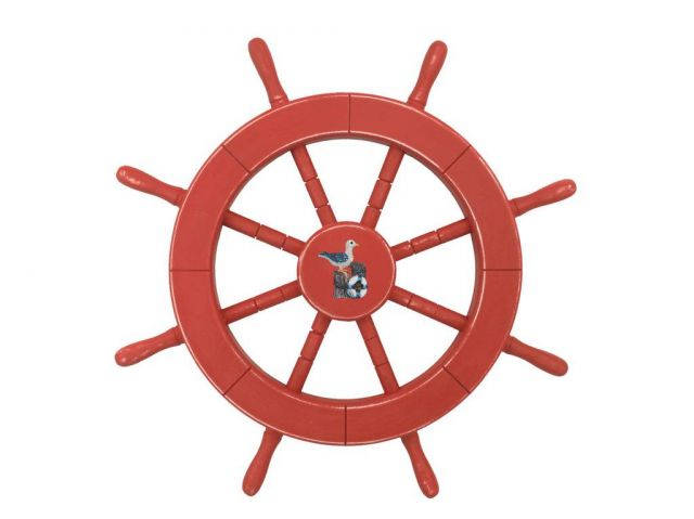 Rustic Red Decorative Ship Wheel With Seagull 18