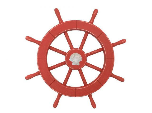 Rustic Red Decorative Ship Wheel With Seashell 18