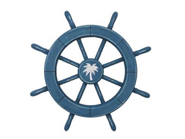 Rustic All Light Blue Decorative Ship Wheel With Palm Tree 18