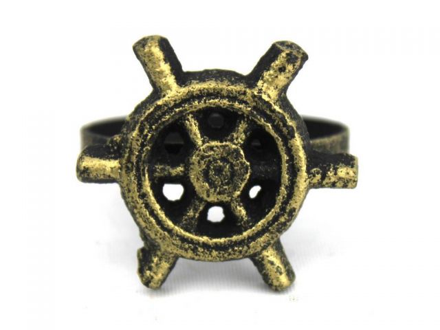 Antique Gold Cast Iron Ship Wheel Napkin Ring 2 - set of 2