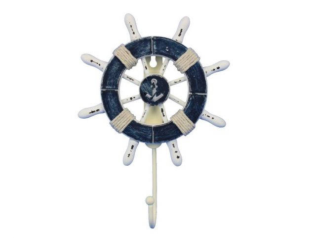 Rustic Dark Blue and White Decorative Ship Wheel with Anchor and Hook 8