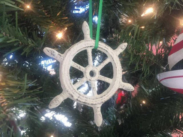 Whitewashed Cast Iron Ship Wheel Decorative Christmas Ornament 4 