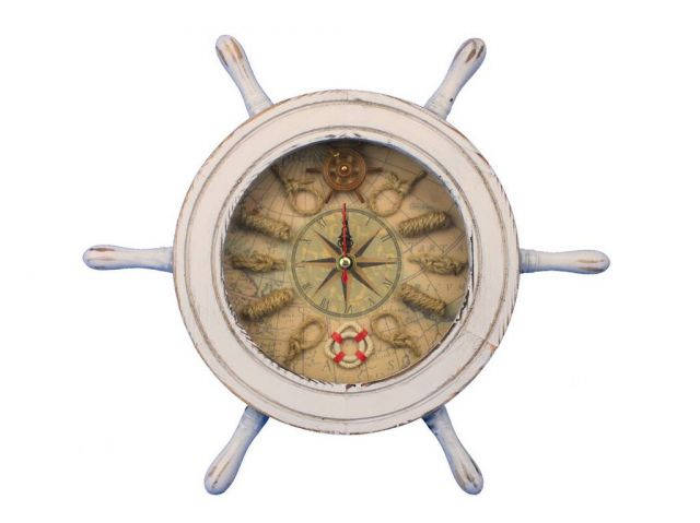 Wooden Whitewashed Ship Wheel Knot Faced Clock 12
