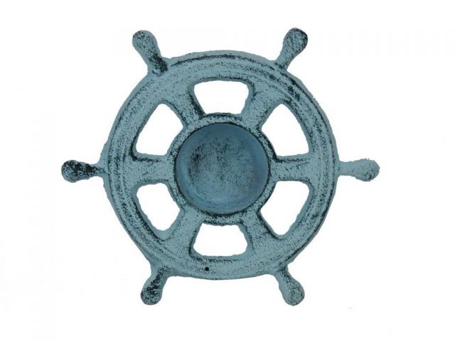 Dark Blue Whitewashed Cast Iron Ship Wheel Decorative Tealight Holder 5.5
