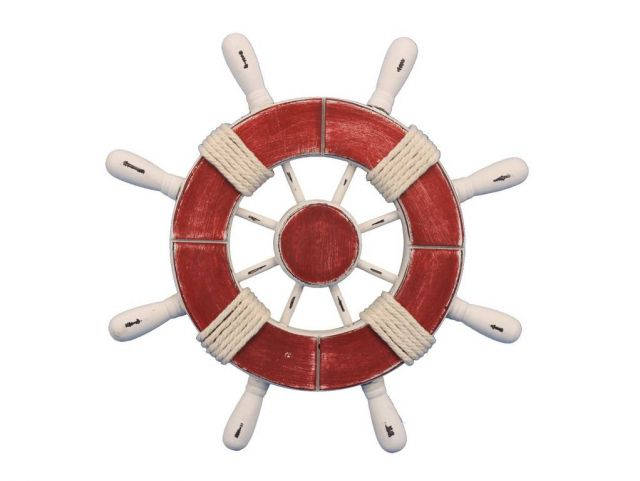Rustic Red and White Decorative Ship Wheel 9