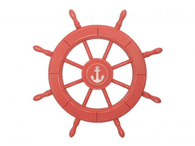 Rustic Red Wood Finish Decorative Ship Wheel With Anchor 24