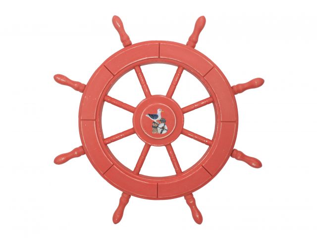 Rustic Red Wood Finish Decorative Ship Wheel With Seagull 24