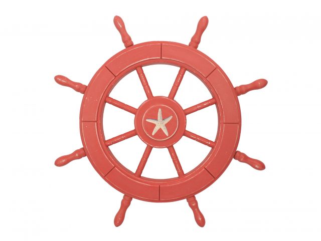 Rustic Red Wood Finish Decorative Ship Wheel With Starfish 24