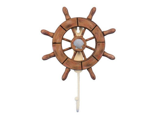Rustic Wood Finish Decorative Ship Wheel with Seashell and Hook 8
