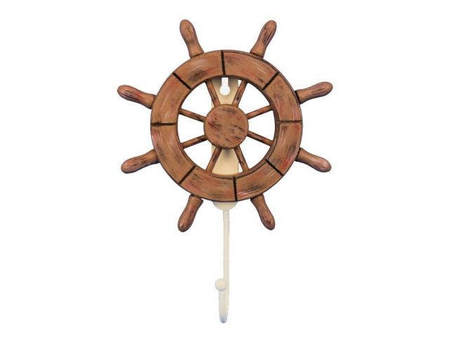 Rustic Wood Finish Decorative Ship Wheel with Hook 8