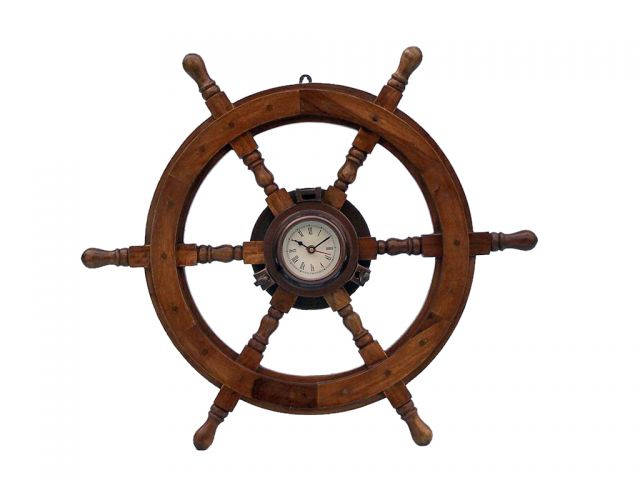 Deluxe Class Wood and Antique Copper Ship Stering Wheel Clock 24