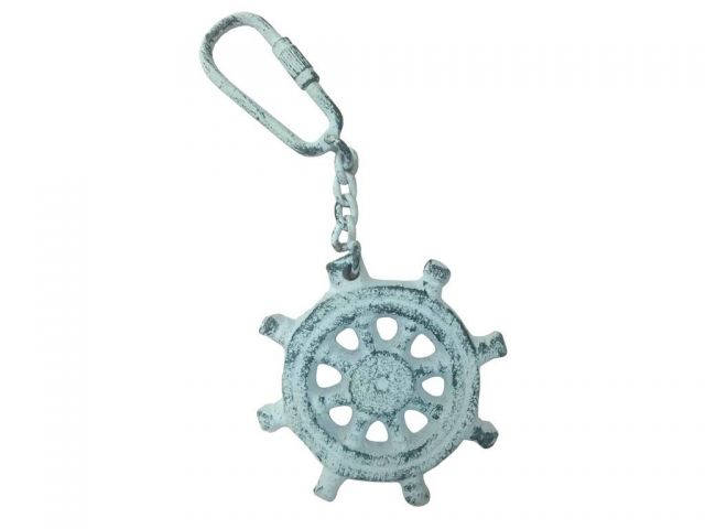 Dark Blue Whitewashed Cast Iron Ship Wheel Key Chain 5