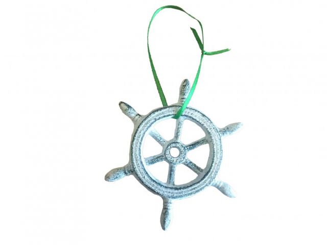 Dark Blue Whitewashed Cast Iron Ship Wheel Decorative Christmas Ornament 4 