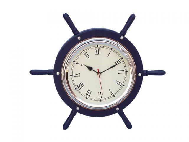 Dark Blue Wood And Chrome Ship Wheel Clock 15