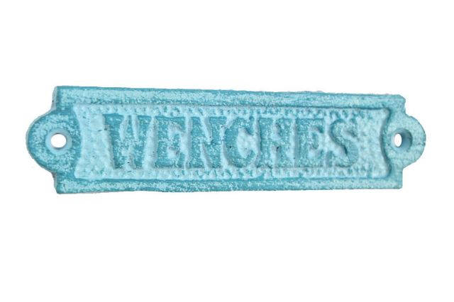 Rustic Light Blue Whitewashed Cast Iron Wenches Sign 6