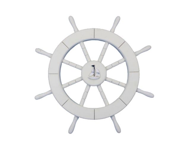 White Decorative Ship Wheel with Sailboat 18