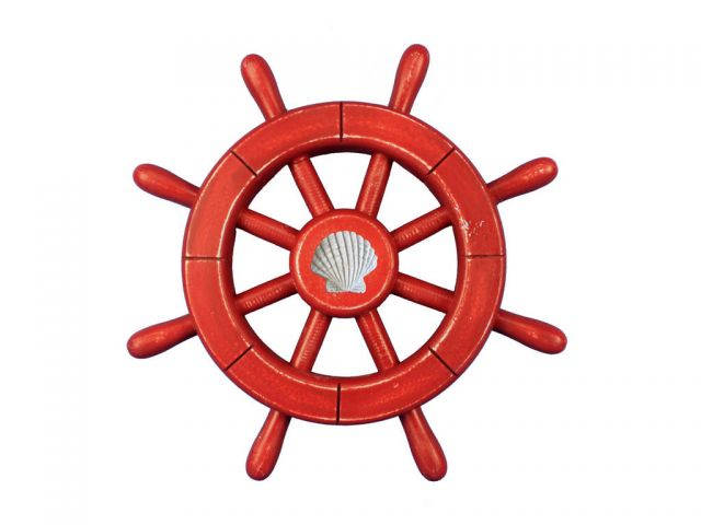 Rustic All Red Decorative Ship Wheel With Seashell 12