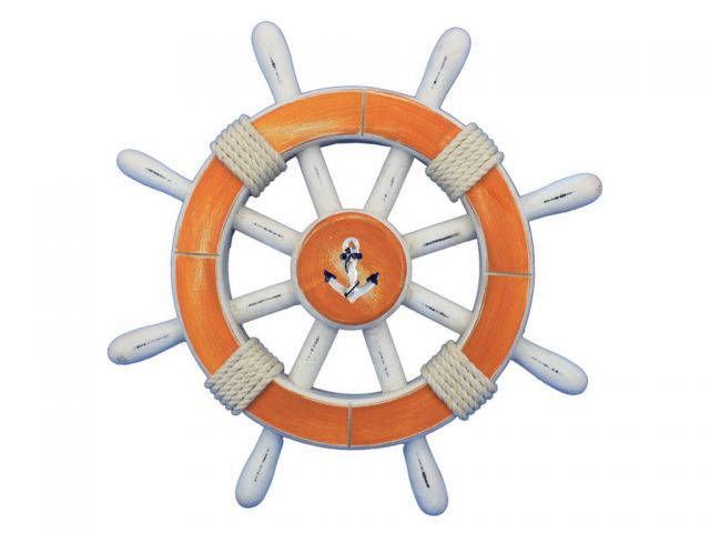 Rustic Orange And White Decorative Ship Wheel With Anchor 12