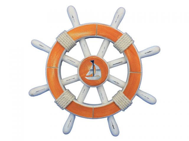 Rustic Orange And White Decorative Ship Wheel With Sailboat 12