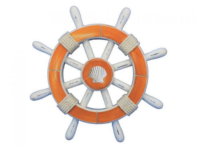 Rustic Orange And White Decorative Ship Wheel With Seashell 12