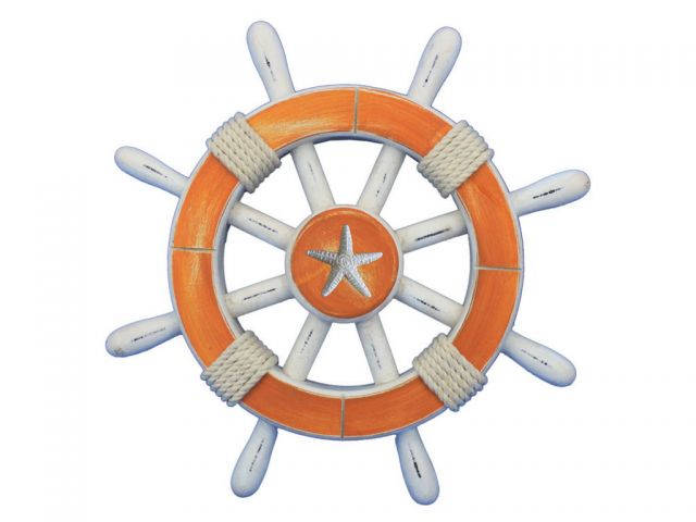 Rustic Orange And White Decorative Ship Wheel With Starfish 12