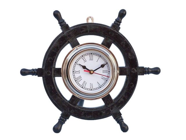 Deluxe Class Wood and Chrome Pirate Ship Wheel Clock 12