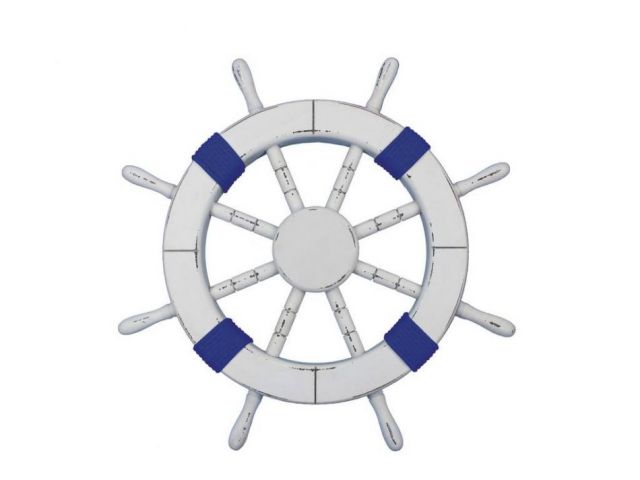 Rustic White Decorative Ship Wheel with Dark Blue Rope 18