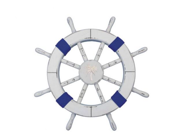 Rustic White Decorative Ship Wheel with Dark Blue Rope and Palmtree 18