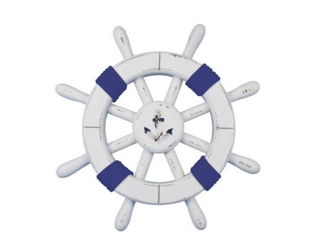 Rustic White Decorative Ship Wheel with Dark Blue Rope and Anchor 12