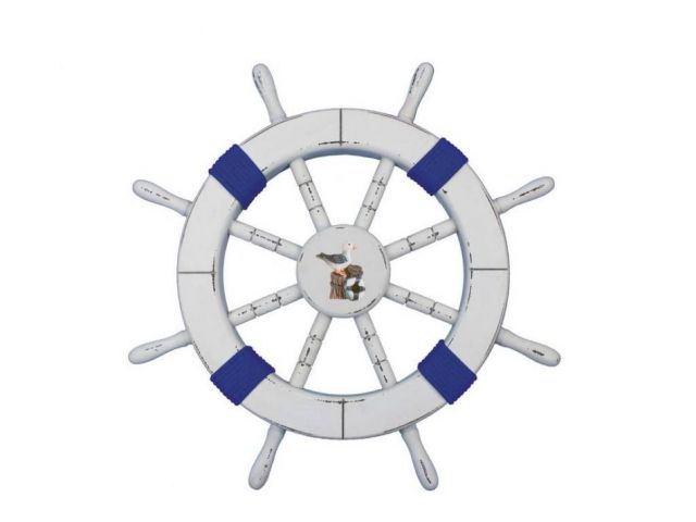 Rustic White Decorative Ship Wheel with Dark Blue Rope and Seagull 18