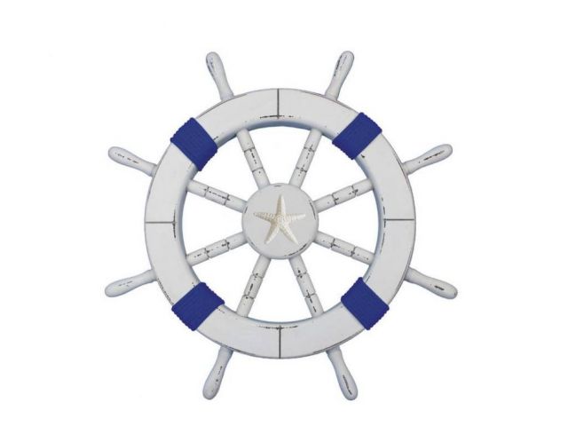Rustic White Decorative Ship Wheel with Dark Blue Rope and Starfish 18