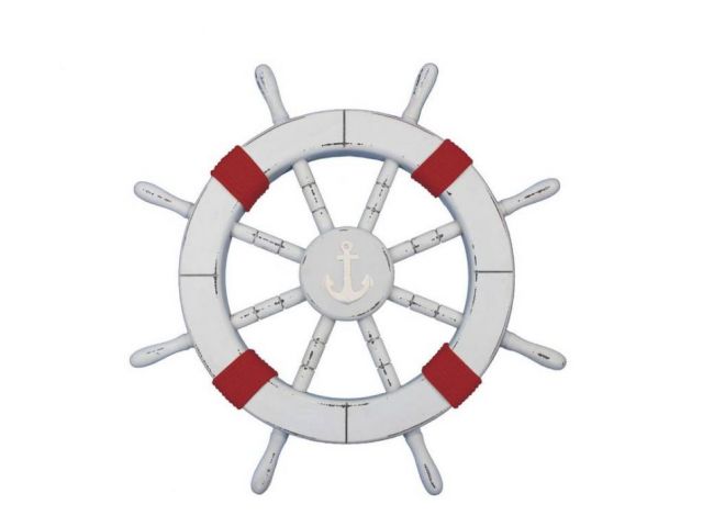 Rustic White Decorative Ship Wheel with Red Rope and Anchor 18
