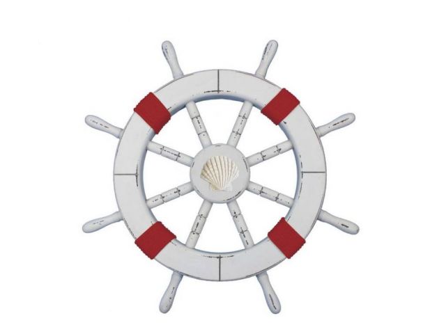 Rustic White Decorative Ship Wheel with Red Rope and Shell 18