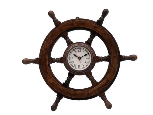 Deluxe Class Wood and Antique Copper Ship Steering Wheel Clock 18