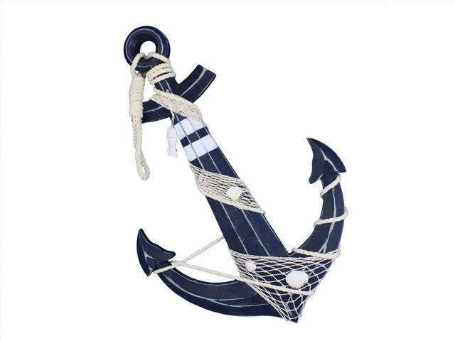 Wooden Rustic Blue Decorative Anchor w- Hook Rope and Shells 24