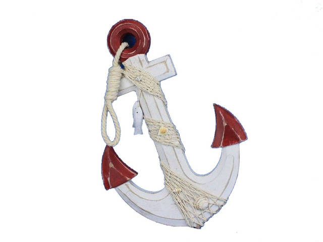 Wooden Rustic Red-White Decorative Anchor w- Hook Rope and Shells 13