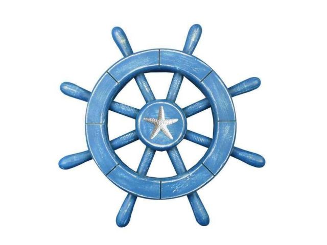 Rustic All Light Blue Decorative Ship Wheel With Starfish 12