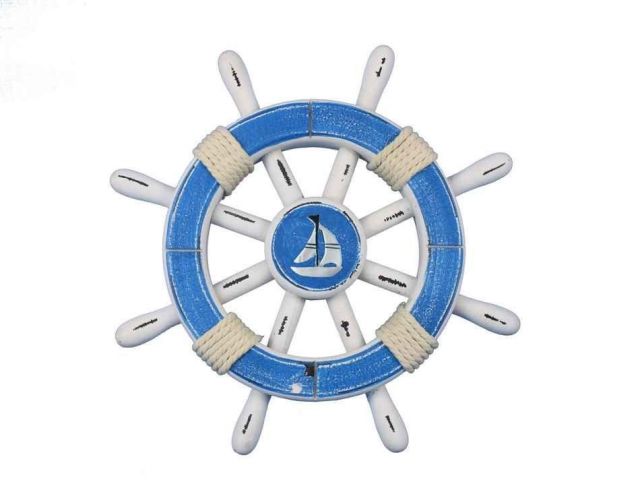 Rustic Light Blue And White Decorative Ship Wheel With Sailboat 12