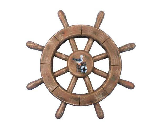 Rustic Wood Finish Decorative Ship Wheel With Seagull 12