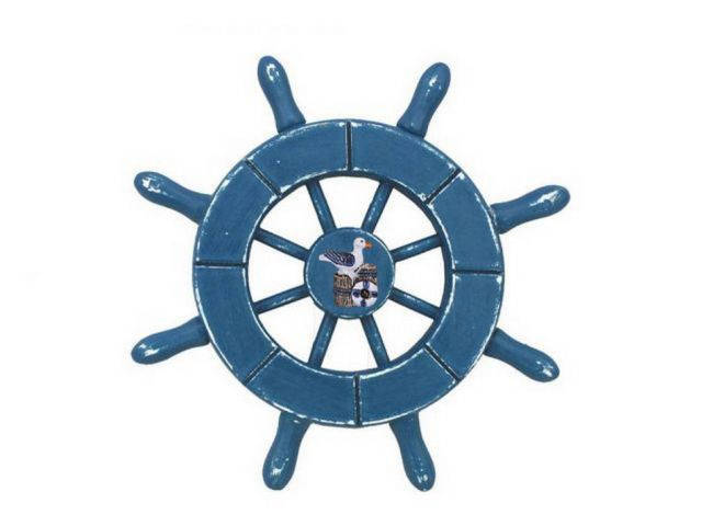 Rustic Light Blue Decorative Ship Wheel With Seagull 6