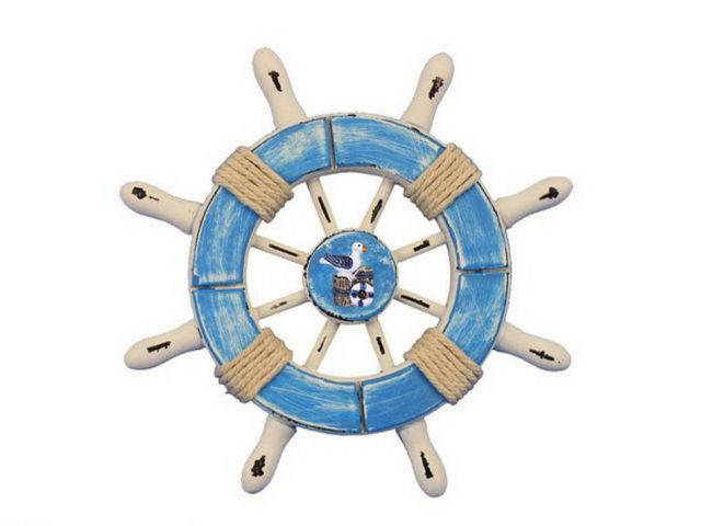 Rustic Light Blue and White Decorative Ship Wheel With Seagull 6