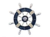 Rustic Dark Blue and White Decorative Ship Wheel With Seashell  6\