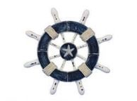 Rustic Dark Blue and White Decorative Ship Wheel With Starfish 6\