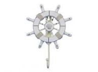 Rustic All White Decorative Ship Wheel With Seashell and Hook 8\